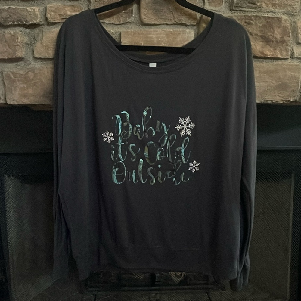 Black, green, silver winter time, Christmas shirt w/ “Baby it’s cold outside” XL